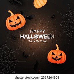 3D render Halloween day invitation card design with black gradient color. Black color realistic Happy Halloween Day Party banner design template. Top view Halloween day banner design illustration. 