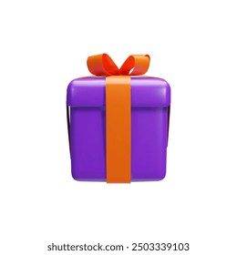 3d render Halloween present front view. Vector illustration of realistic surprise with ribbon. Wrapped prize for party, event, birthday. Rendering gift to shopping sale. Trendy purple package with bow