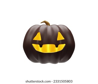 3D render Halloween spooky pumpkin. Realistic scary decoration. Holiday vector illustration in clay, plastic style. Scary dark Jack lantern. Emoticon character creepy vegetable.