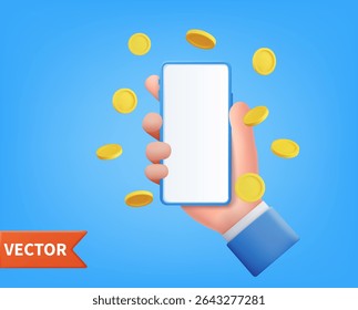 3d render Hand of businessman holding mock up smartphone surrounded by golden coin. Mobile smart phone with gold dollar coins explosion. Winner concept. Vector illustration