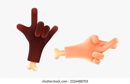 3d render hand gestures black and white palms with bones showing rock and crossed fingers. Funny character body language, emoji communication elements, Vector illustration in cartoon. 3D Illustration