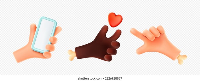 3d render hand gestures, black and white palms with bones hold smartphone, pointing with finger, holding red heart. Isolated human gesticulation elements, vector illustration in. 3D Illustration