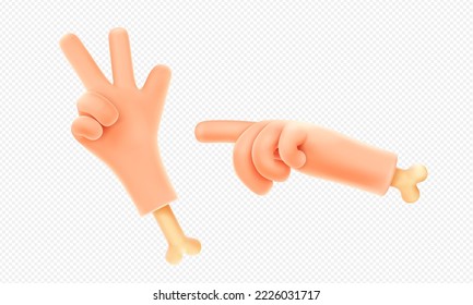 3 d gestos de la mano, palma con dirección hacia el hueso y tres dedos. Lenguaje corporal blanco divertido del brazo aislado vector Ilustración sobre fondo transparente en caricatura. Ilustración 3D