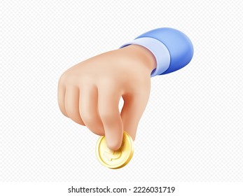 3d render hand giving coin, digital business concept of money payment, donation, salary, charity, corruption, gift, bribe, tax, alms or purchase, isolated vector Illustration in. 3D Illustration