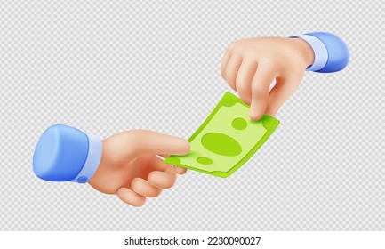 3d render hand giving money bill to another palm. Businessmen holding dollar note donate, paying with cash, financial transaction, currency exchange, Vector Illustration in cartoon. 3D Illustration