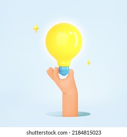 3d render hand hold light bulb on blue background. Idea lamp icon. Solution, business, strategy, electric, and creative idea cartoon concept. Vector illustration