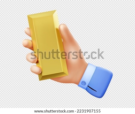 3d render hand holding golden ingot isolated on white background. Finance wealth, investment,concept with businessman palm holding gold metal bar, Vector Illustration in cartoon. 3D Illustration