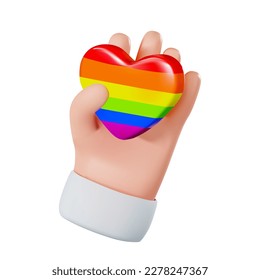 3d render of a hand holding a rainbow heart. Lgbt sign. Vector illustration