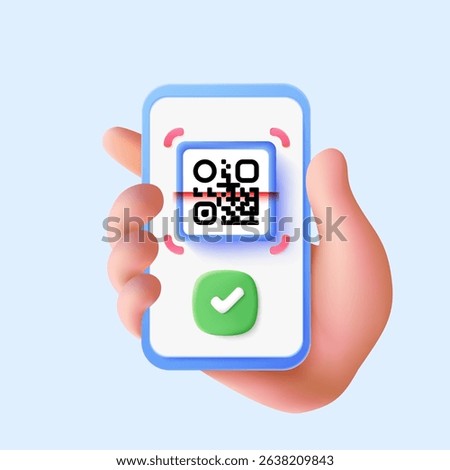 3D render of a hand holding smartphone showing a QR code with green check mark, symbolizing contactless approval. Vector
