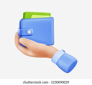 3d hacer la mano con cartera con el dinero aislado en fondo blanco. Concepto de negocio financiero de pago en efectivo, ganancias, transacciones, compras, riqueza. Ilustración vectorial en. Ilustración 3D