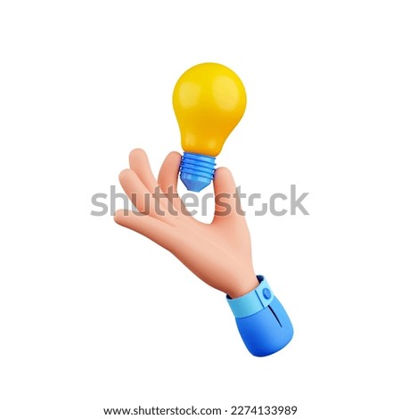 3d render hand with light bulb, creative idea, inspiration, brainstorm, development, business solution, innovation and thinking icon on white background, isolated illustration in cartoon plastic style