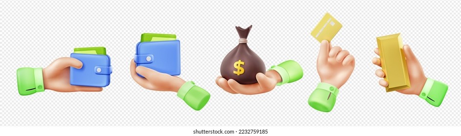3d render hand with money isolated set. Concept of payment, richness with businessman palms holding wallet, card, sack and gold ingot, vector Illustration in cartoon plastic style on. 3D Illustration