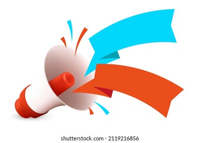 3D render of a hand speaker with flying ribbons. Vector illustration of megaphone or a loudspeaker with tags and an empty space for text on them. Realistic bullhorn isolated on a white background