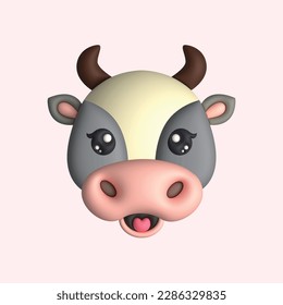 3D Render Happy Cute Cow Head (Vector)