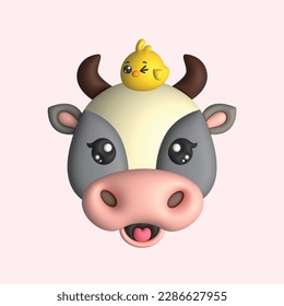 3D Render Happy Cute Cow Head with Chick (Vector)