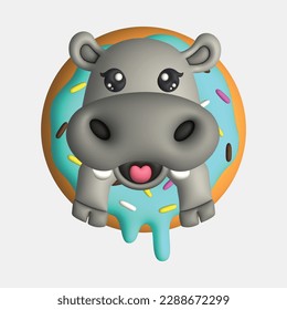 3D Render Happy Cute Hippo Head with Donut (Vector)