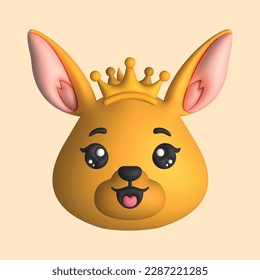 3D Render Happy Cute Kangaroo Head with Crown (Vector)