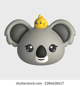 3D Render Happy Cute Koala Head with Chick (Vector)