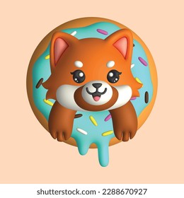 Panda rojo 3D feliz con donut (vector)