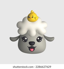 3D Render Happy Cute Sheep Head with Chick (Vector)