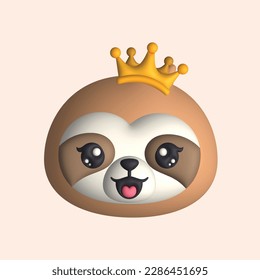 3D Render Happy Cute Sloth Head with Crown (Vector)