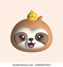 3D Render Happy Cute Sloth Head with Chick (Vector)