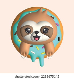 3D Render Happy Cute Sloth Head with Donut (Vector)