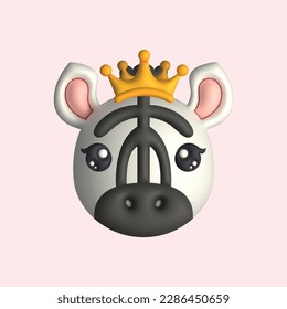 3D Render Happy Cute Zebra Head with Crown (Vector)