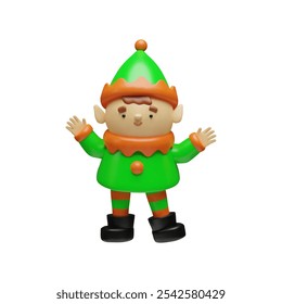 3d render happy elf. Santa Claus helper on Christmas holiday. Vector illustration of cartoon cute person. Smiling boy with hat, costume. Winter season greeting creature. December fun decoration