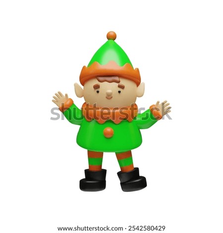 3d render happy elf. Santa Claus helper on Christmas holiday. Vector illustration of cartoon cute person. Smiling boy with hat, costume. Winter season greeting creature. December fun decoration
