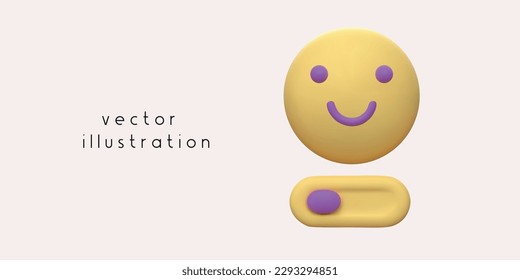 3D render of happy smile with slider. Vector cartoon happy attitude illustration in plastic style. Isolated positive feedback illustration.