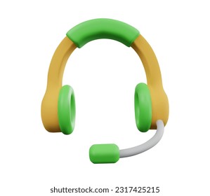 Auriculares 3d de representación con icono de micrófono para web y aplicación en color amarillo y verde