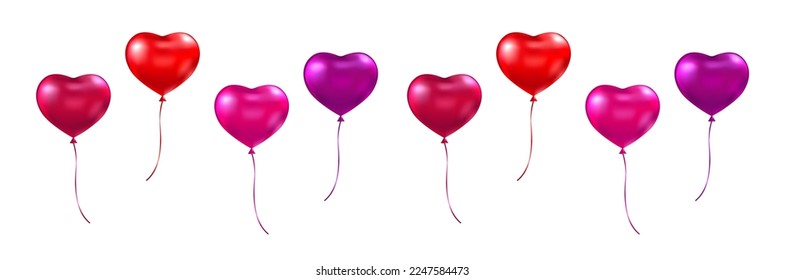 3d render heart balloon set. Red, pink, purple realistic balls. Happy Valentines Day background. Glossy bubble with ribbon. Flying helium bunch of balloons. Love, wedding party. Vector illustration.