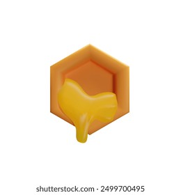 3d render hexagon cell honeycomb. Textures gold mosaic with liquid bee honey. Nature yellow comb with nectar. Vector illustration in cartoon style. Abstract shape with syrup. Eco sweet product wax