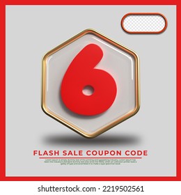 3D Render hexahon number 6 red gold