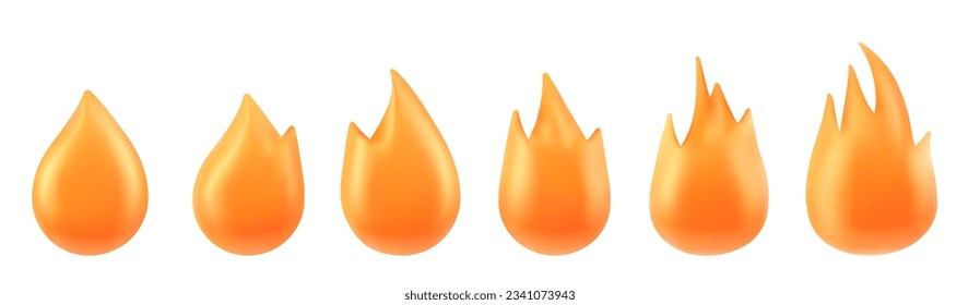 3d render hot fire burn icon emoticon illustration. Png simple shape flame animation sprite emblem collection isolated on white background. Orange clipart with warm bonfire set plastic design