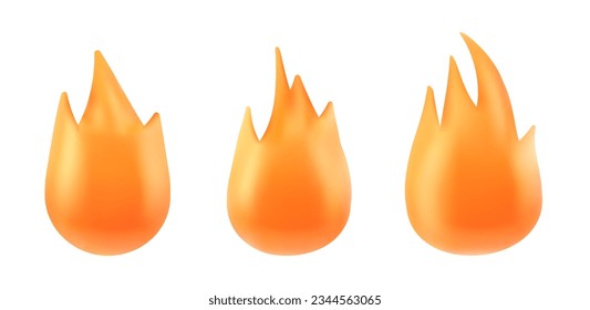 3d render hot fire burn icon emoticon illustration. Png simple shape flame animation sprite emblem collection isolated on white background. Orange clipart with warm bonfire set plastic design