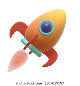Icono de representación 3d. Un cohete amarillo caricaturizado con una ventana azul y accesorios rojos está volando.  Ilustración aislada del vector