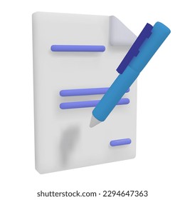 3d render Icon of Document Paper  Files. Business Concept. Isolated Vector Illustration. Pen write on Paper
