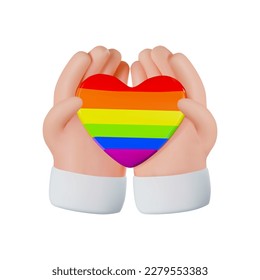 3d render icon of hands holding a rainbow heart in their palms. Symbol of lgbt and pride. Vector illustration in cartoon style. For websites, posters, banners and printing