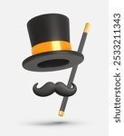 3d render, icon. Vector black hat with mustache and cane with golden element. Gentleman. Happy Father's Day. Vector illustration for postcard, poster, banner, web, design, arts, advertising