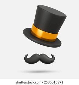 renderização 3d, ícone. Chapéu preto vetorial com bigode. Cavalheiro. Feliz Dia dos Pais. Ilustração vetorial para cartão postal, pôster, banner, web, design, artes, publicidade