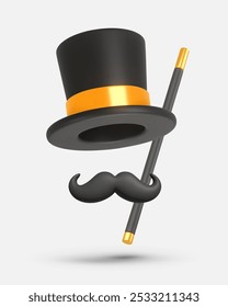 renderização 3d, ícone. Chapéu preto vetorial com bigode e bengala com elemento dourado. Cavalheiro. Feliz Dia dos Pais. Ilustração vetorial para cartão postal, pôster, banner, web, design, artes, publicidade