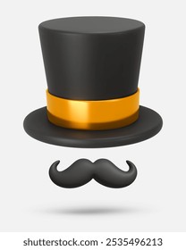 3d render, icon. Vector black hat with mustache. Gentleman. Happy Father's Day. Vector illustration for postcard, poster, banner, web, design, arts, advertising