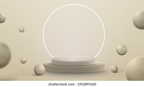 Ilustración 3d con escena abstracta con anillo blanco neón alrededor del podio. Sala abstracta con esferas 3D