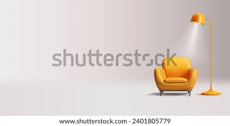 3d render illustration of armchair with lamp and ray of lights, yellow interior modern design