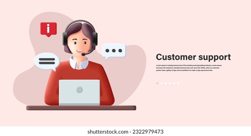 3d render illustration banner of online support center with person in headset with bubbles and laptop, difital banner