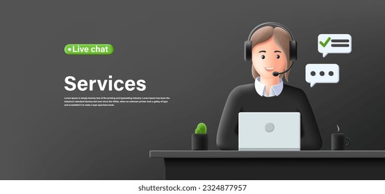 3d render illustration banner of online live chat support persone in front of laptop with headset on at working place, digital banner