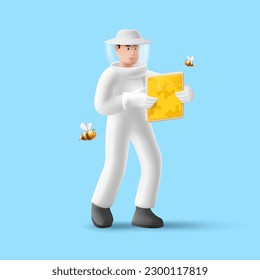 3d render illustration of beekeeper holding honeycombs with honey and bees flying around him, man a protective uniform