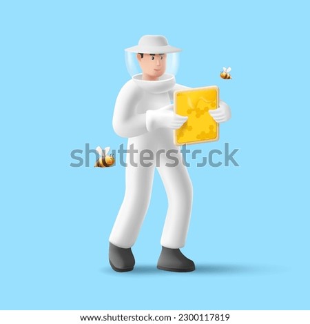 3d render illustration of beekeeper holding honeycombs with honey and bees flying around him, man a protective uniform
